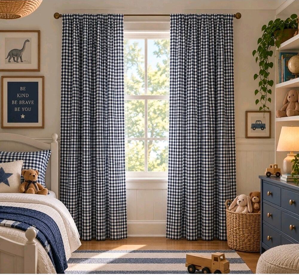 Pottery Barn Kids 44x63 Gingham Rod Pocket Curtains Navy White 2 Panels